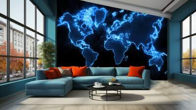 Colorful World Map on dark background, Blue Glowing World Map Wall mural